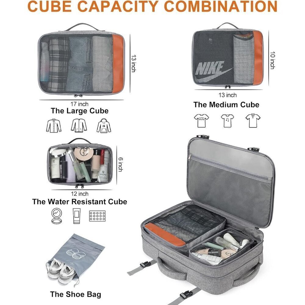 🆕Men Women Grey Polyester 40L Carry On Backpack Flight Approved With 3 Packing - Picture 3 of 8